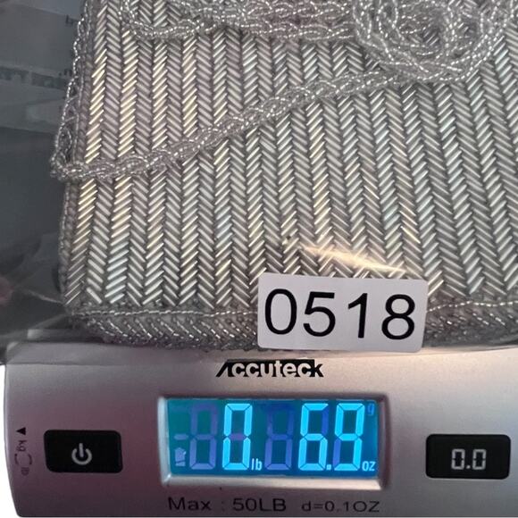 Beaded Silver Metallic Evening Bag with Chain Shoulder Strap Zip Closure Small - Picture 10 of 11